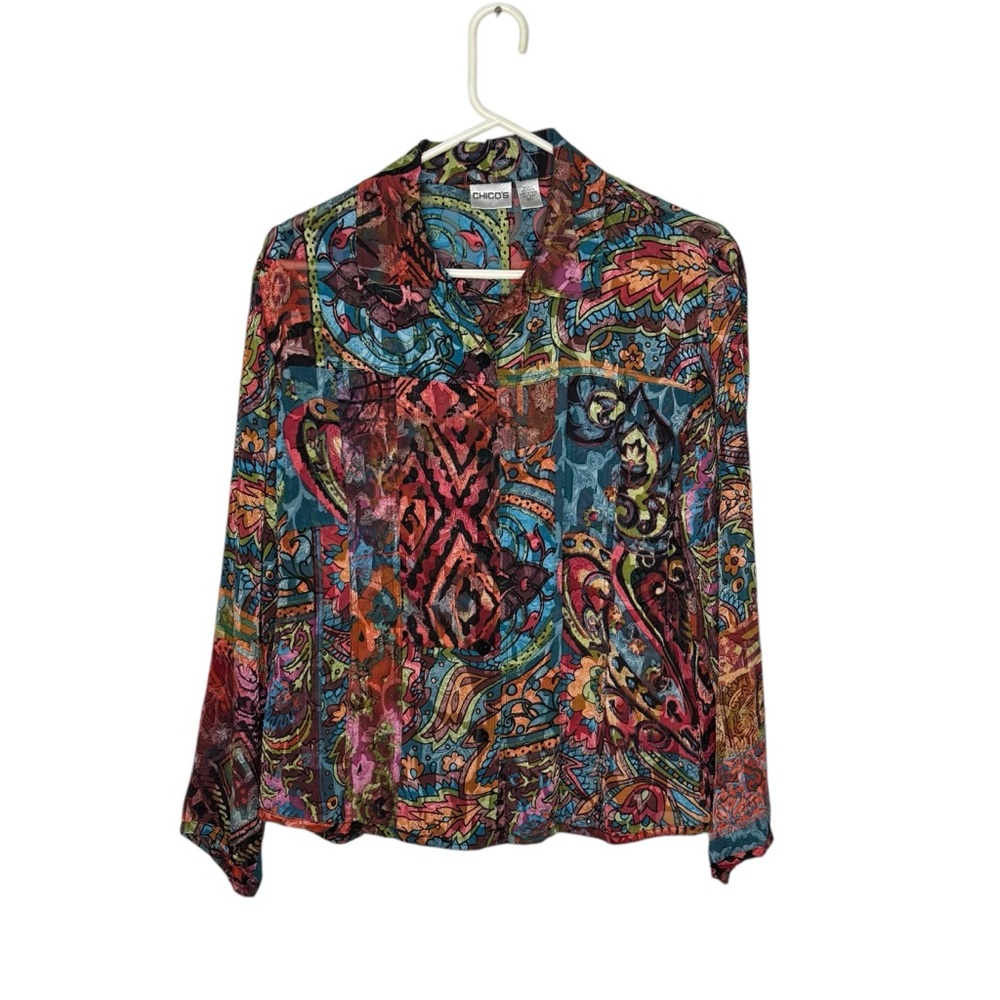 Chico’s Size 2 (Reg 12) Multicolored Textured Silk Rayon Button Front Blouse